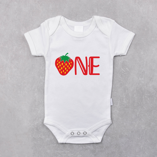 Strawberry One First Birthday Baby Bodysuit Onesie or Shirt