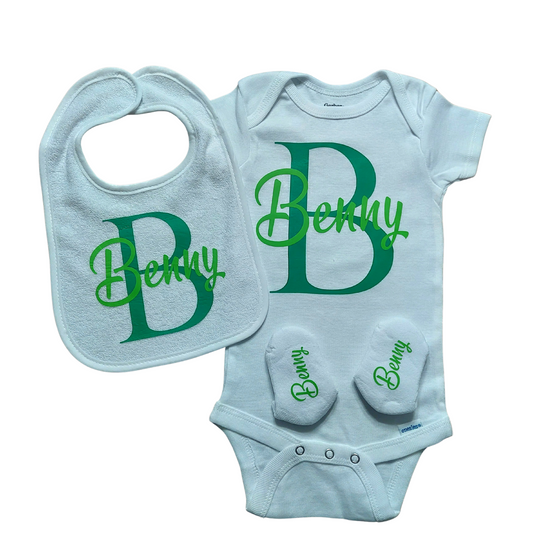 3pcs Unisex Monogram Baby Bodysuit Onesie with Socks and Bib